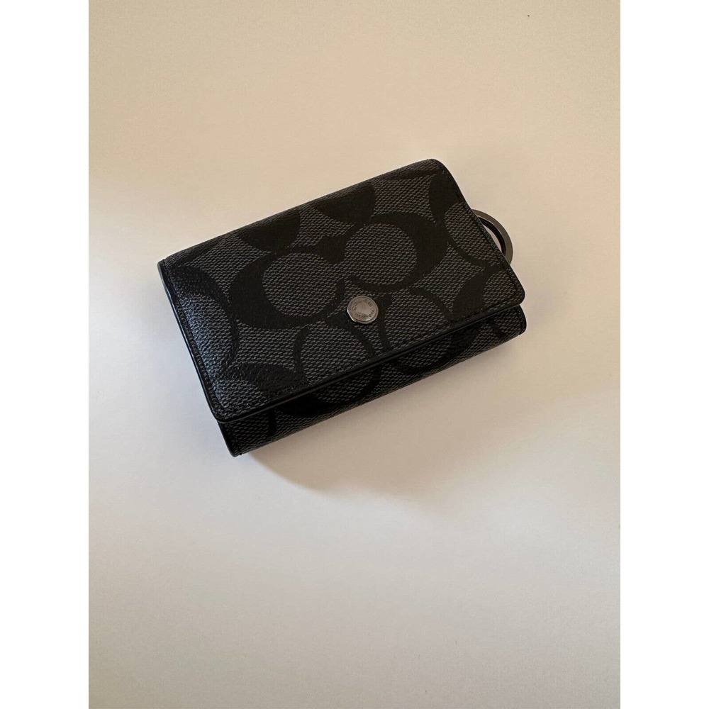 Coach Signature Five Ring Key Holder Card Case Wallet Black Signature Canvas - Picture 3 of 11